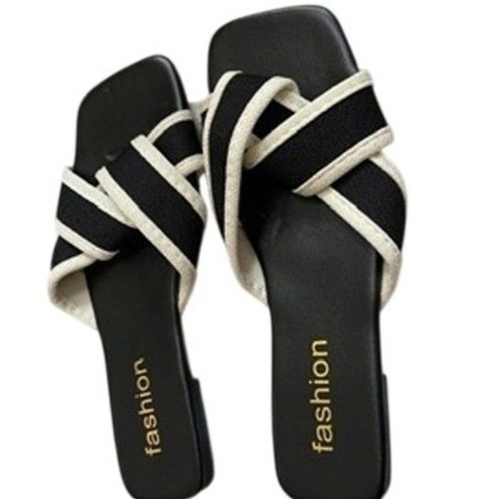Fashion Black Cream Crisscross Slide Sandals Square Toe Flat Slides Size 37